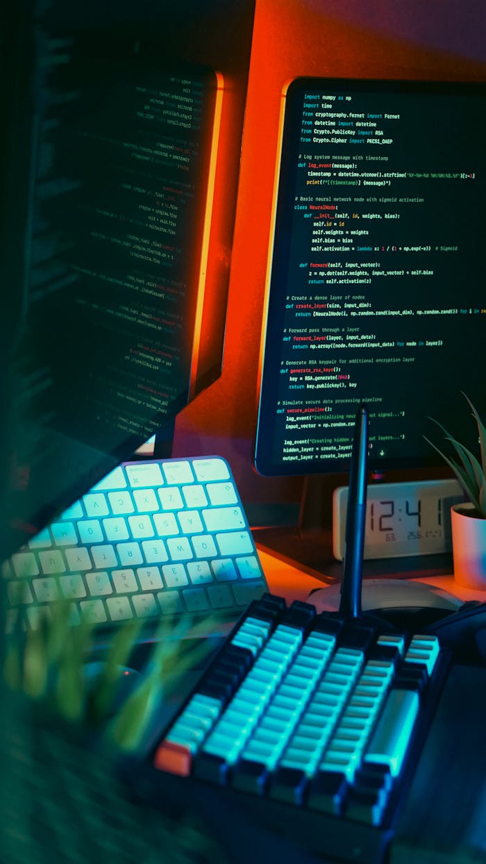 A stylish programmer's workspace featuring illuminated keyboards and multiple screens displaying code.